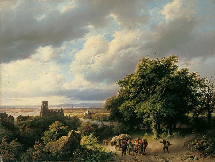 Barend Cornelis Koekkoek Flublandschaft mit Ruine und Pferdewagen France oil painting art